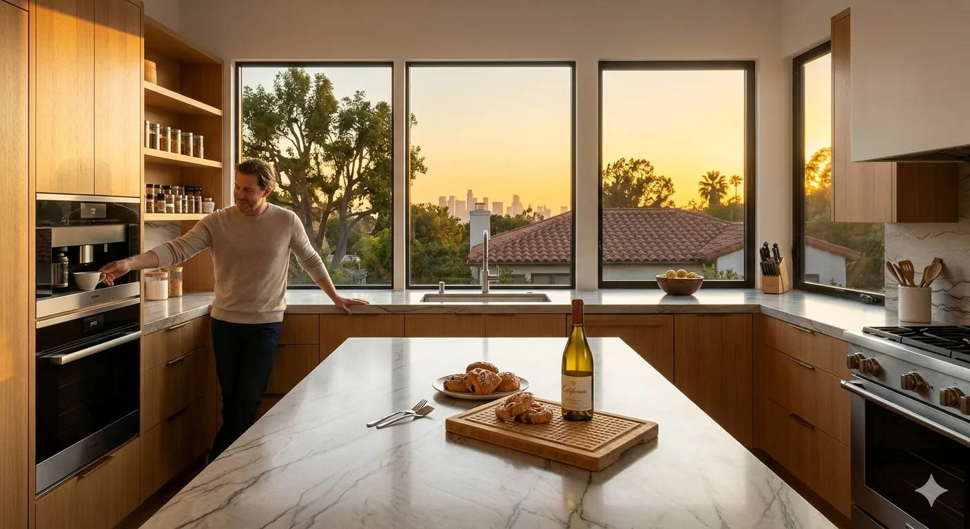 A wider, warm-toned golden hour photo showcasing a pristine finished space with high-end integrated appliances, premium quartzite, custom natural wood cabinetry.